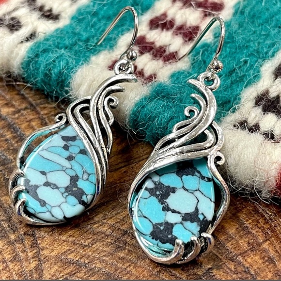 Blue & Black Stone Wire Wrapped Earrings Teardrop Bohemian Western Jewelry NEW - Picture 8 of 14